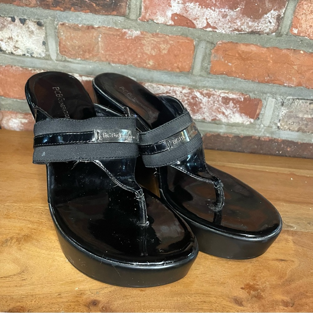 BCBG Black Wedge Sandals